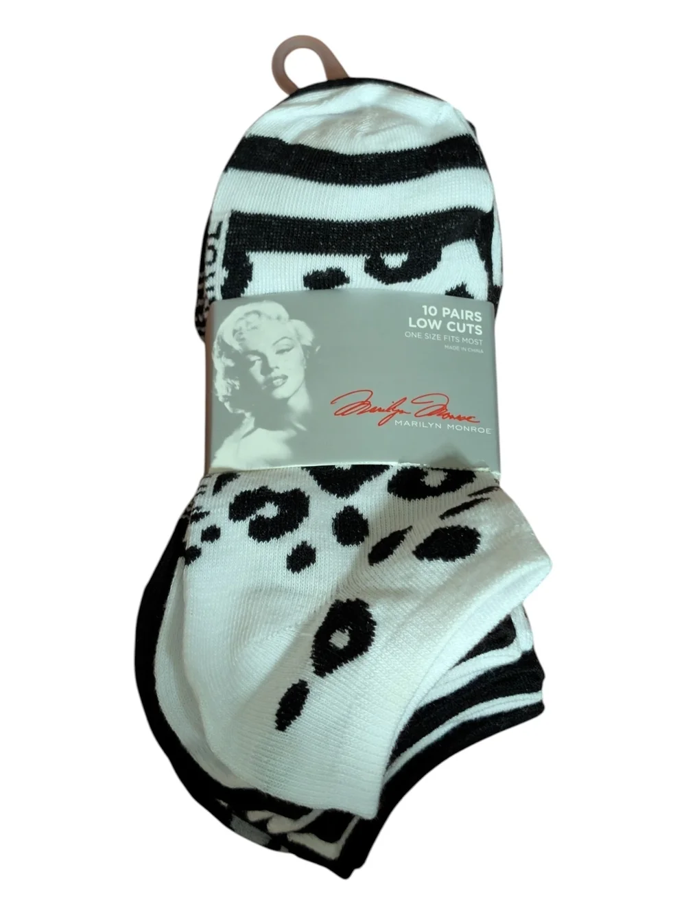 Marilyn Monroe Low Cut Socks - White & Black Animal Print (10 Pairs)